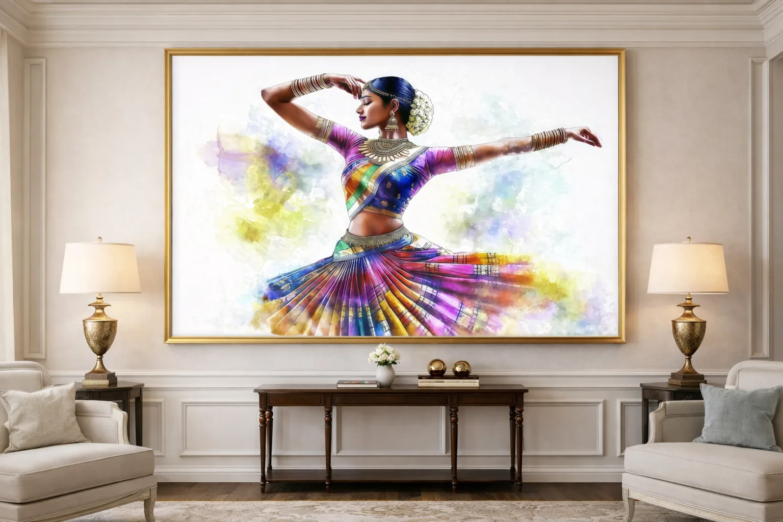 Colorful Bharatanatyam Dance Canvas Wall Art 5×3 Feet – Floating Frame in Gold – Living Room Wall Décor - Image 7