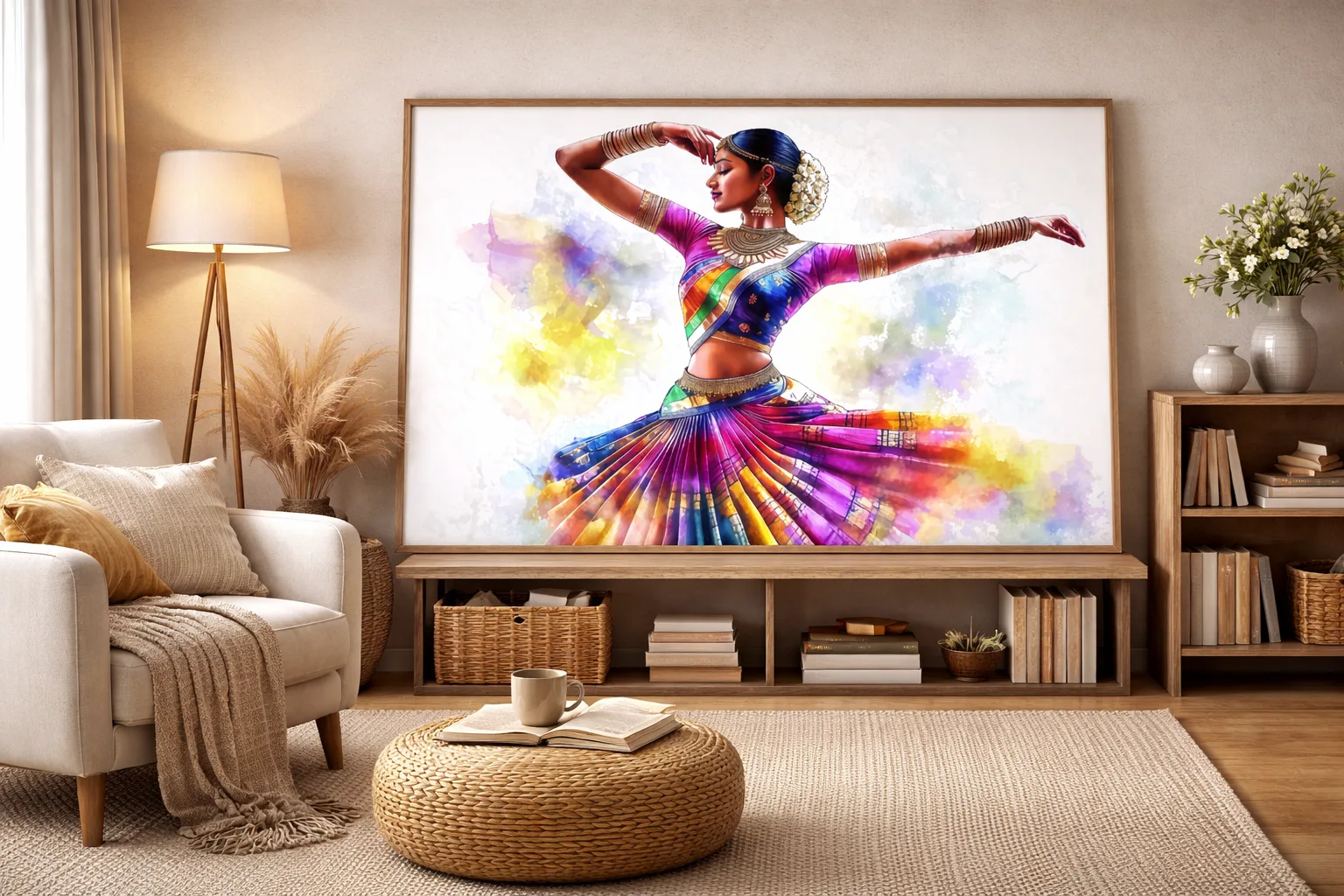 Colorful Bharatanatyam Dance Canvas Wall Art 5×3 Feet – Floating Frame in Gold – Living Room Wall Décor - Image 5