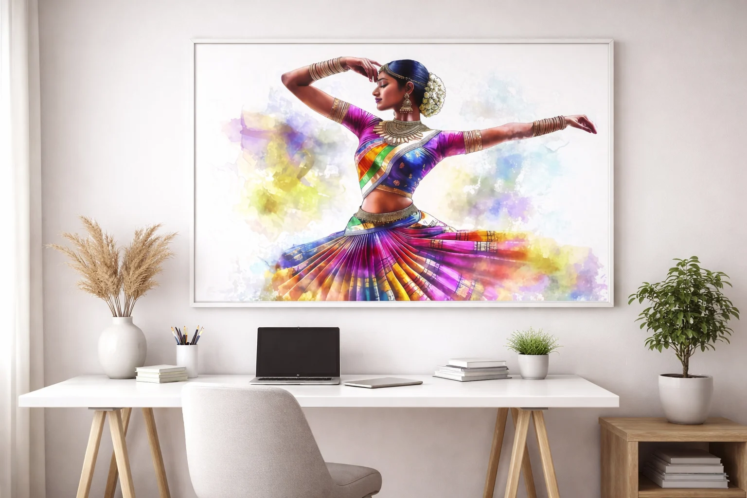 Colorful Bharatanatyam Dance Canvas Wall Art 5×3 Feet – Floating Frame in Gold – Living Room Wall Décor - Image 6