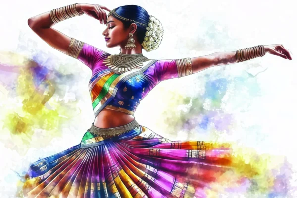 Colorful Bharatanatyam Dance Canvas Wall Art 5×3 Feet – Floating Frame in Gold – Living Room Wall Décor