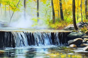 Forest Waterfall Nature Canvas Wall Art 4×3 Feet – Floating Frame in Gold – Living Room Wall Décor