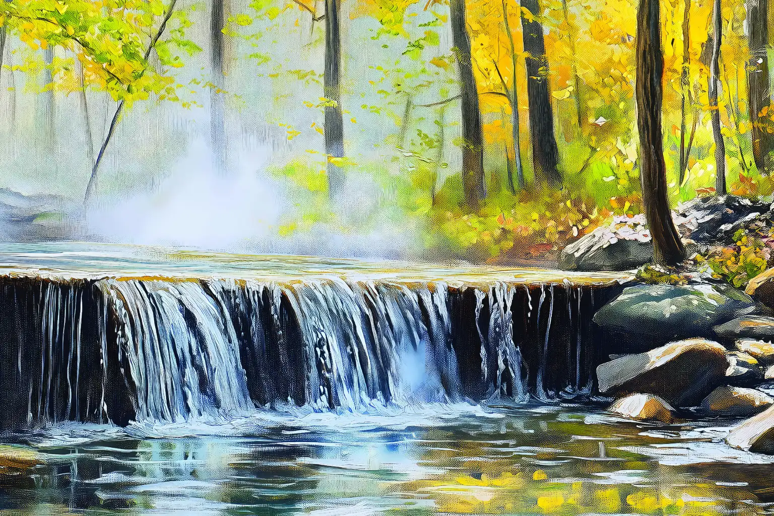 Forest Waterfall Nature Canvas Wall Art 4×3 Feet – Floating Frame in Gold – Living Room Wall Décor