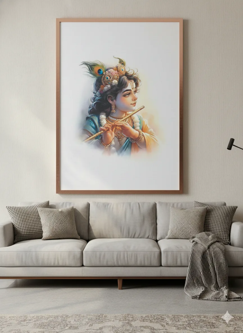 bal krishna flute canvas wall art shown framed on a wall