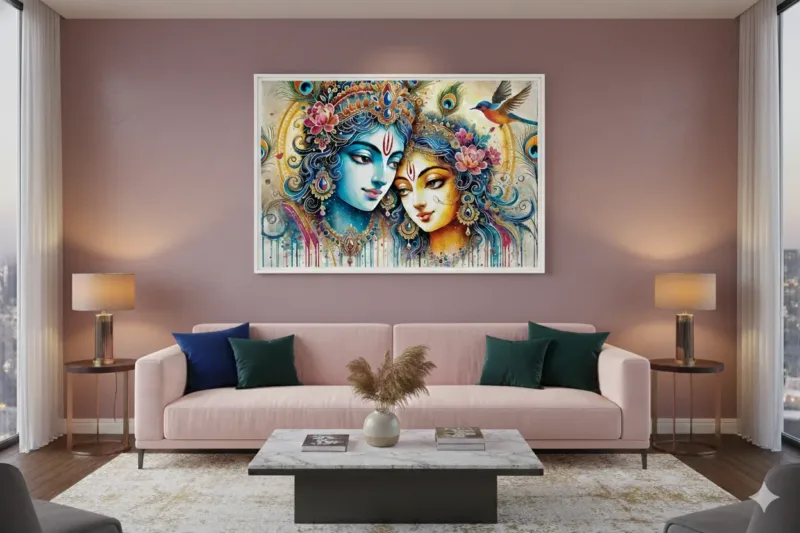 Radha Krishna Peacock Canvas Art 36 × 60 Inches – Divine Love Painting Digital Canvas Print