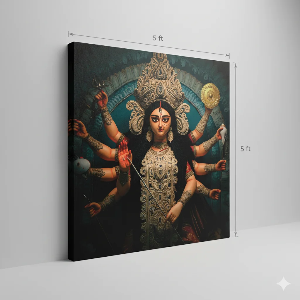 Goddess Durga Canvas Wall Art 5×3 Feet – Floating Frame in Gold – Pooja Room & Living Room Wall Décor - Image 2