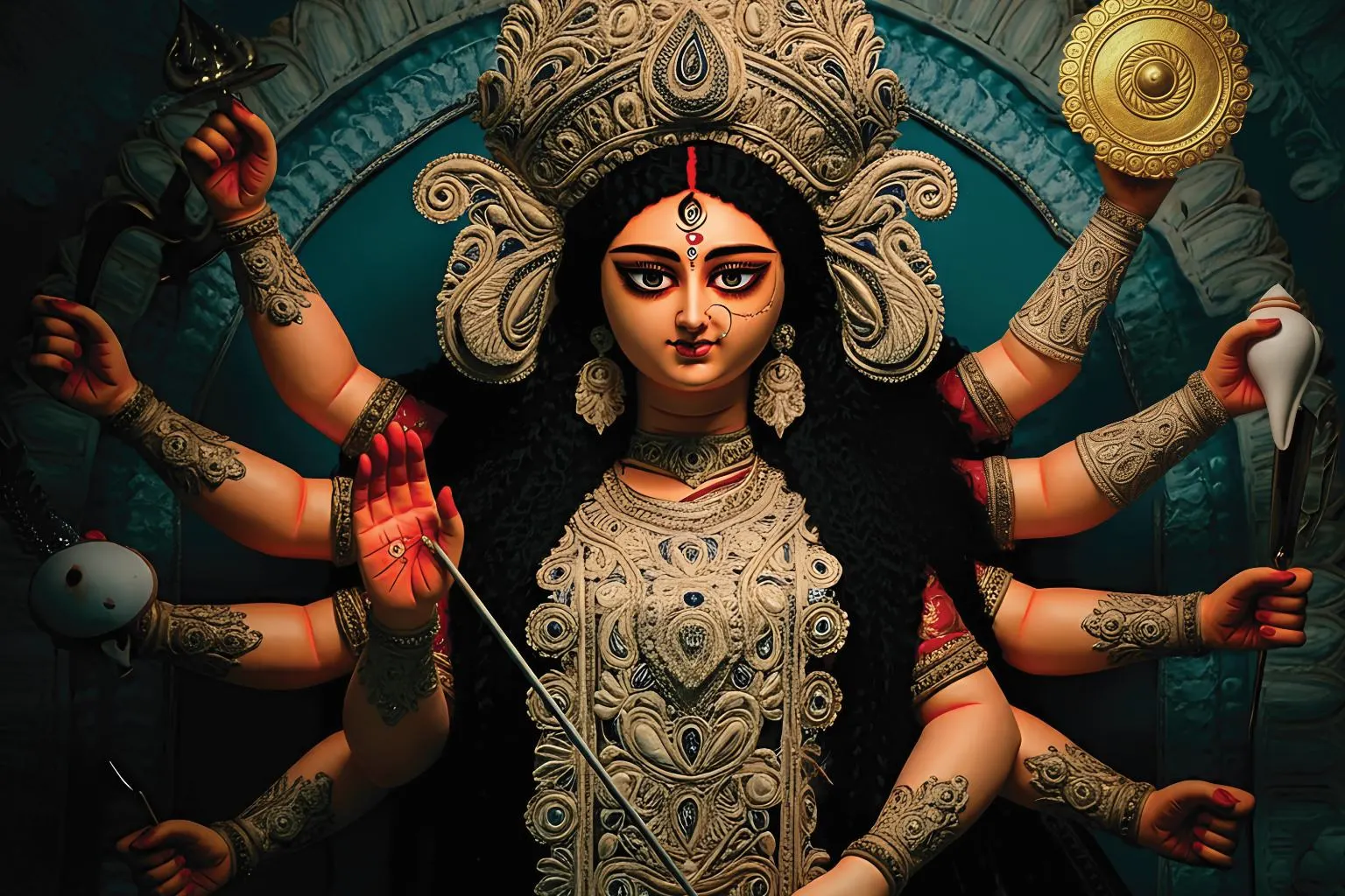 Goddess Durga Canvas Wall Art 5×3 Feet – Floating Frame in Gold – Pooja Room & Living Room Wall Décor