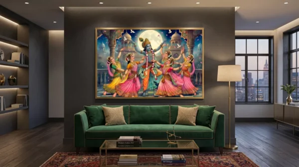 Krishna Raas Leela Moonlight Wall Art Gold Frame