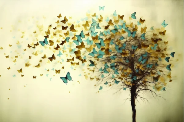 Butterfly Tree Canvas Wall Art 4×3 Feet – Floating Frame in Golden – Living Room Wall Décor
