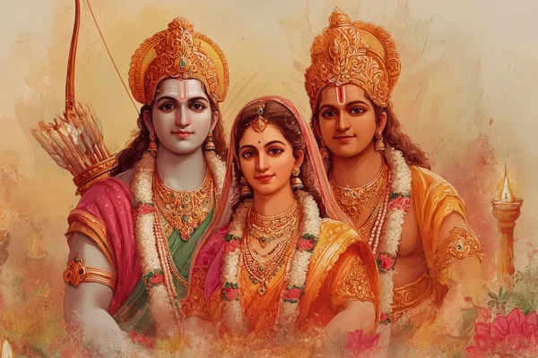 Ram Sita Lakshman Canvas Wall Art 4×3 Feet – Floating Frame in Golden – Living Room Wall Décor