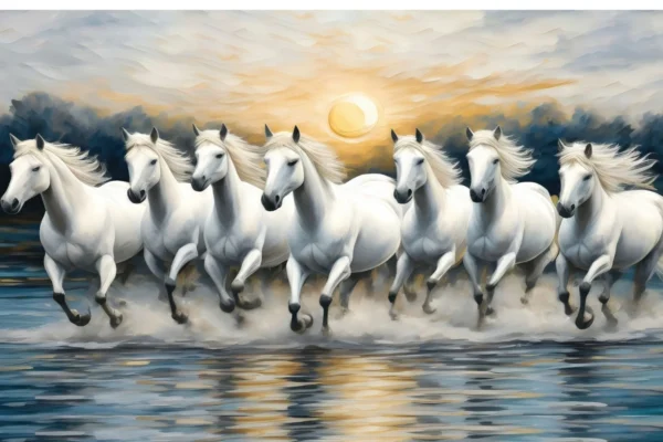 Running White Horses Canvas Wall Art 3×5 Feet – Floating Frame in Silver – Living Room Statement Décor