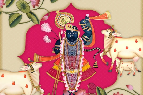 Shrinathji Pichwai Canvas Wall Art 3.5×2 Feet – Floating Frame in Golden – Mandir & Meditation Room Décor
