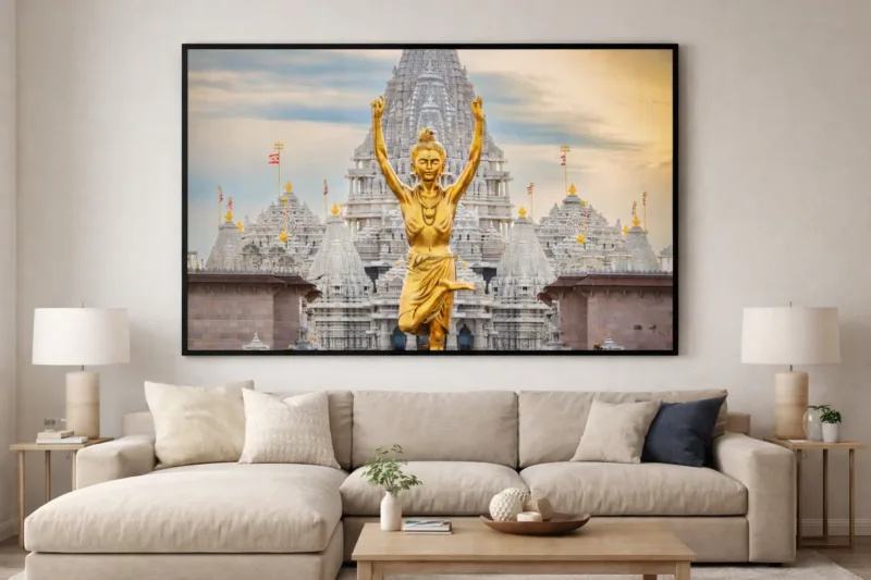 Divine Swaminarayan Temple Golden Murti Wall Art – 36 × 48 Inches Sacred & Radiant Digital Canvas Print