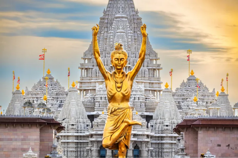 Divine Swaminarayan Temple Golden Murti Wall Art – 36 × 48 Inches Sacred & Radiant Digital Canvas Print