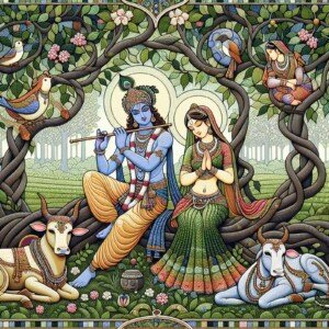 Radha Krishna Grove Mural Canvas Wall Art 3x4 Feet – Floating Frame – Premium Digital Canvas Print – Living Room & गृह आध्यात्मिक दीवार सजावट