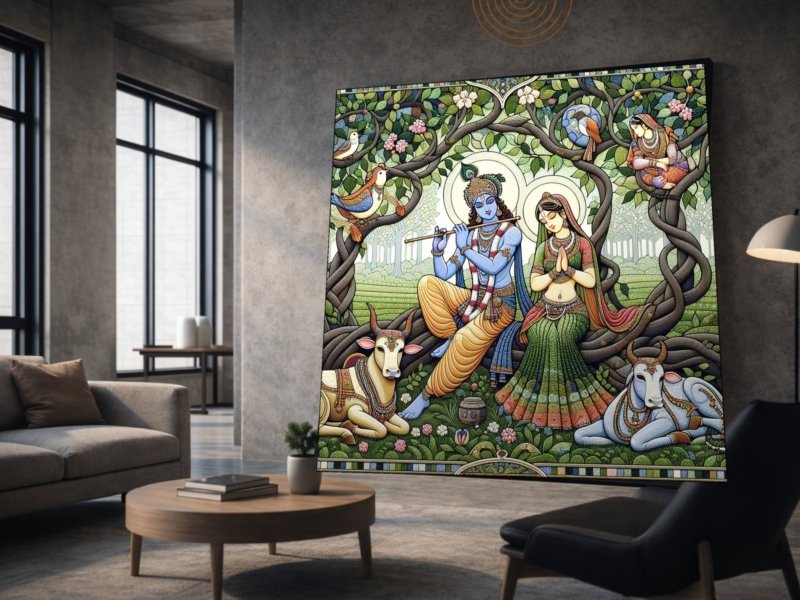 radha krishna grove mural canvas wall art shown framed on a wall