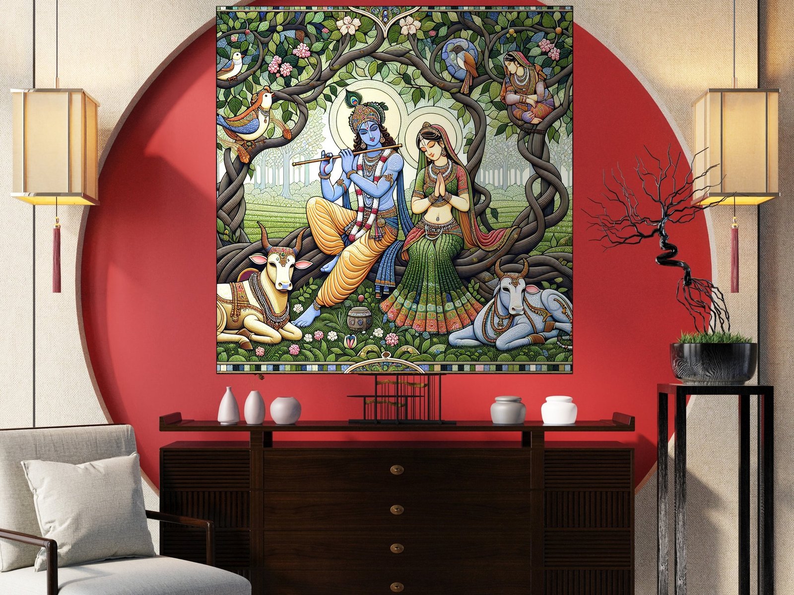 Radha Krishna Grove Mural canvas wall art placement