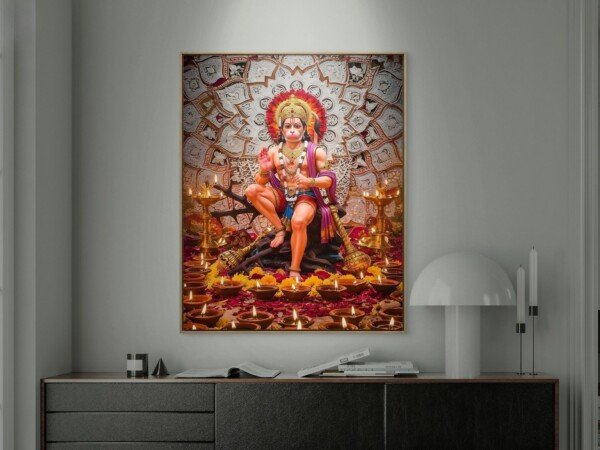 lord hanuman statue art canvas wall art shown framed on a wall