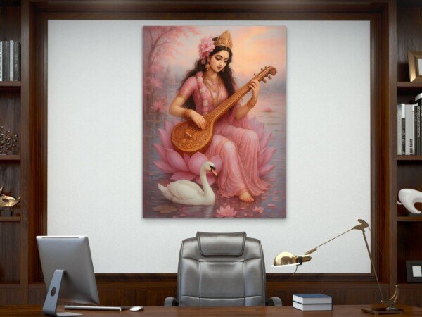 saraswati with swan canvas wall art shown framed on a wall