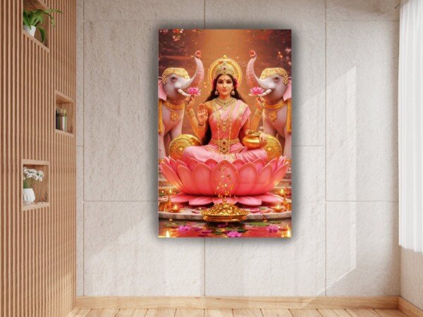 lakshmi with elephants canvas wall art shown framed on a wall
