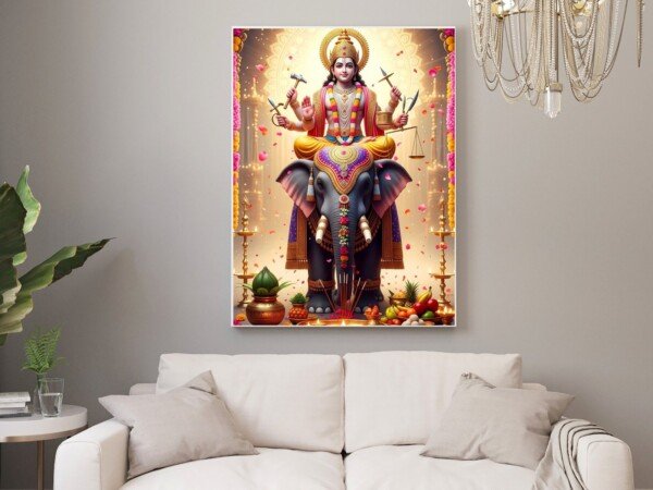 goddess lakshmi on elephant canvas wall art shown framed on a wall