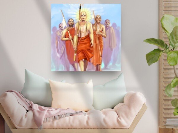 vaishnava saints kirtan canvas wall art shown framed on a wall