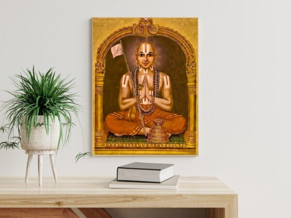 hindu saint portrait canvas wall art shown framed on a wall