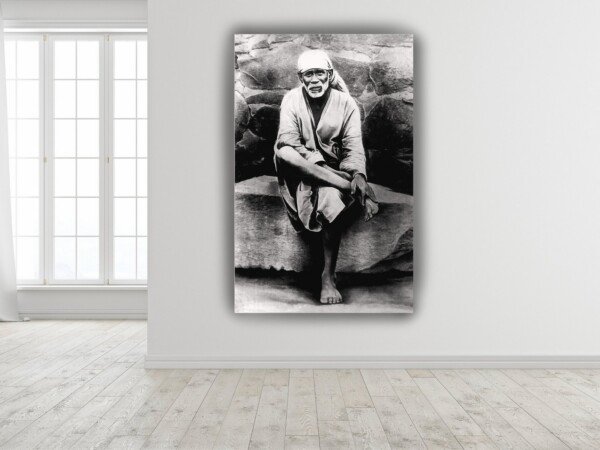 sai baba portrait canvas wall art shown framed on a wall