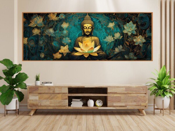 teal buddha lotus mural canvas wall art shown framed on a wall