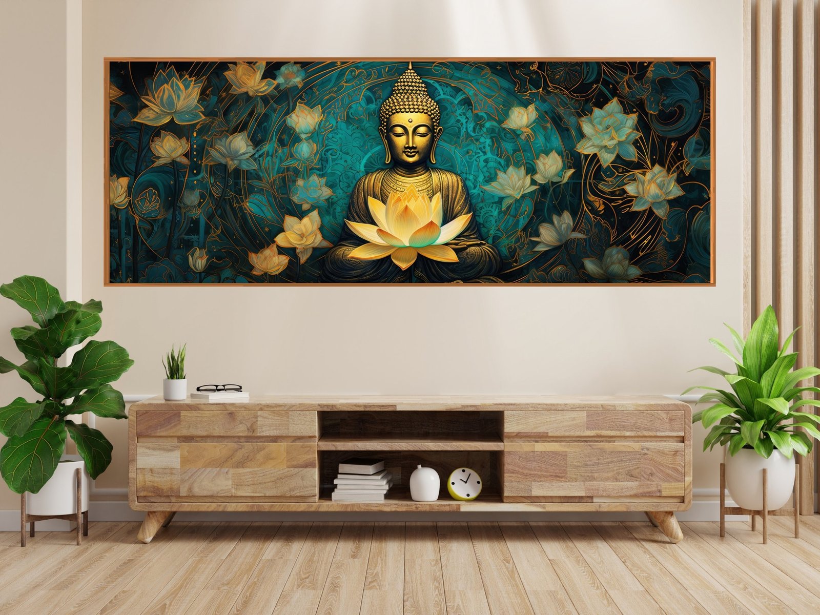 Teal Buddha Lotus Mural framed canvas wall art