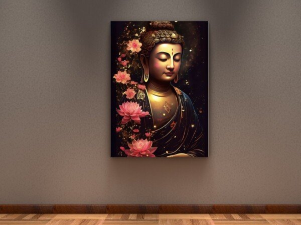 golden buddha canvas wall art shown framed on a wall