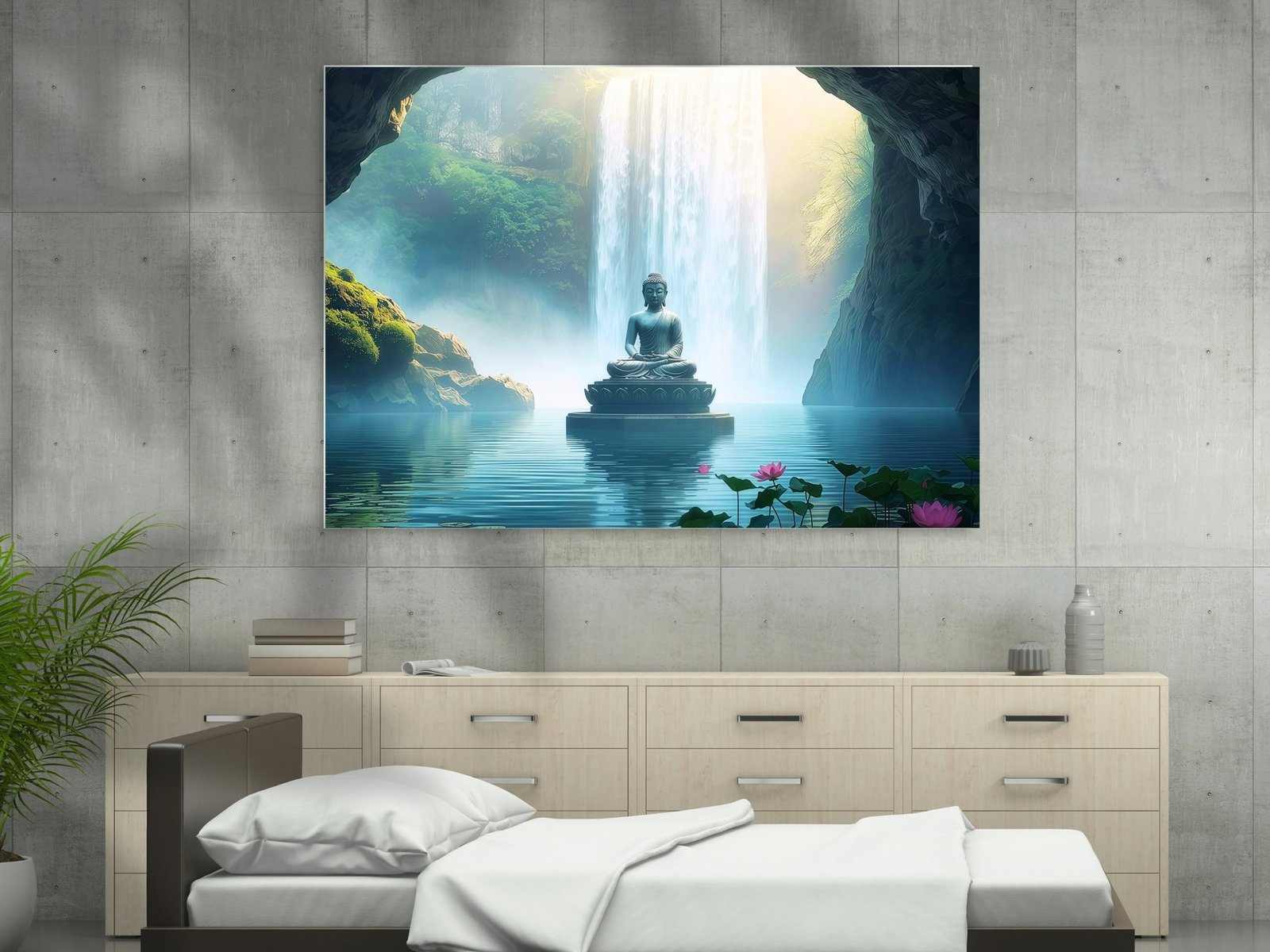 Buddha Waterfall Cave framed canvas wall art