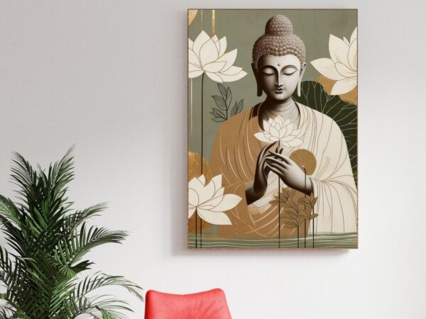 buddha with lotus canvas wall art shown framed on a wall