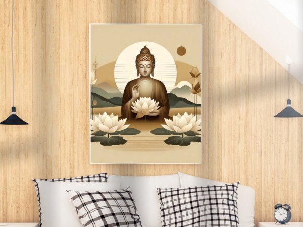 zen buddha with lotuses canvas wall art shown framed on a wall