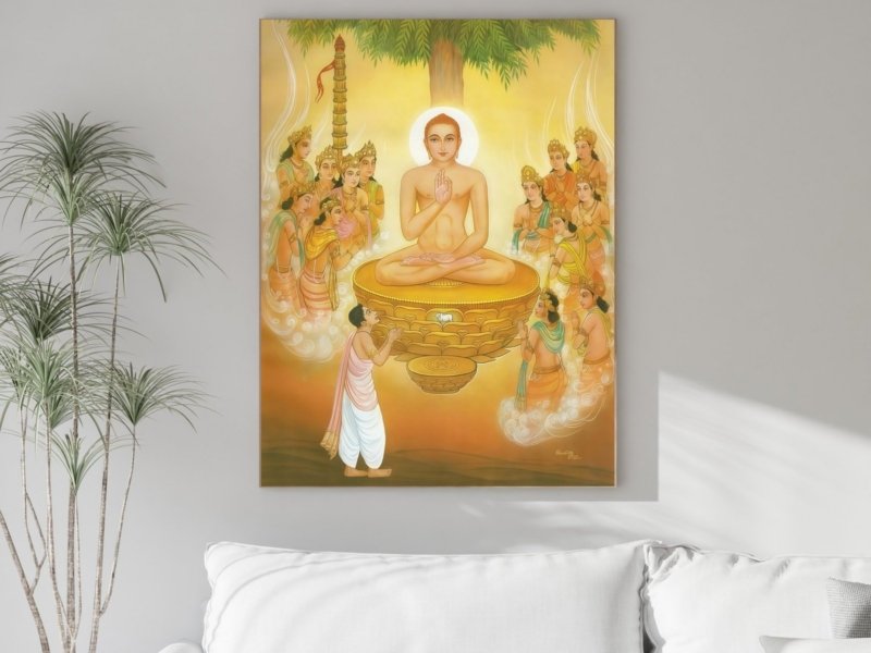 buddha enlightenment scene canvas wall art shown framed on a wall