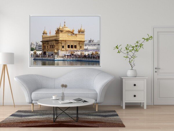 golden temple daylight canvas wall art shown framed on a wall