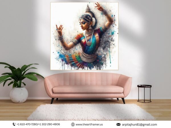 bharatanatyam dancer art canvas wall art shown framed on a wall