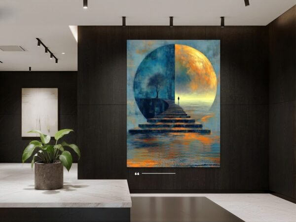 stairway to the moon canvas wall art shown framed on a wall