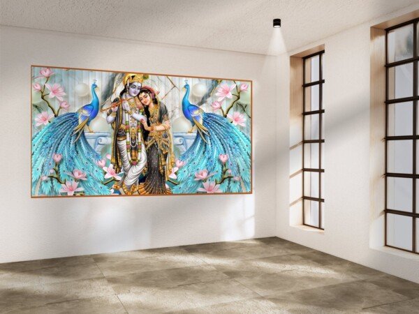 radha krishna peacock elegance canvas wall art shown framed on a wall