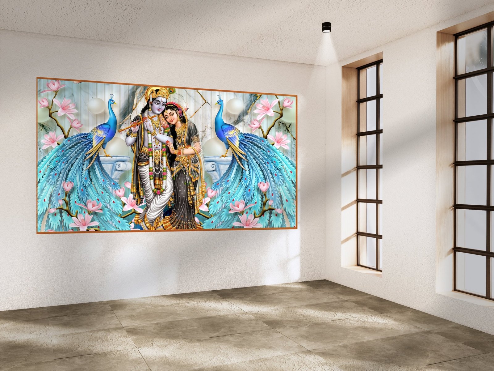 Radha Krishna Peacock Elegance framed canvas wall art
