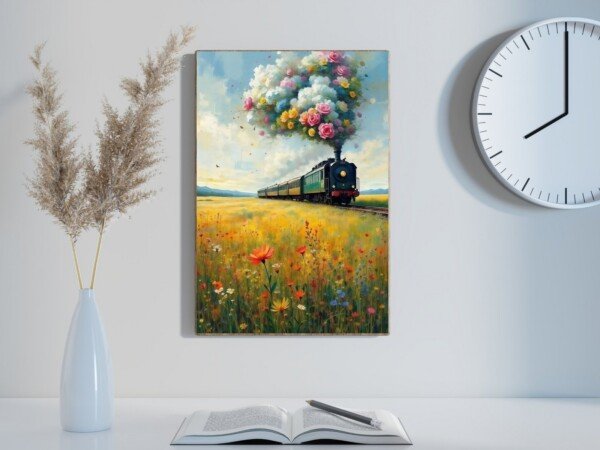whimsical train journey canvas wall art shown framed on a wall