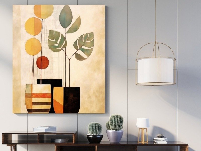 modern plant art canvas wall art shown framed on a wall