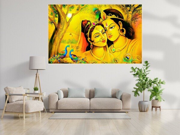 golden radha krishna duet canvas wall art shown framed on a wall