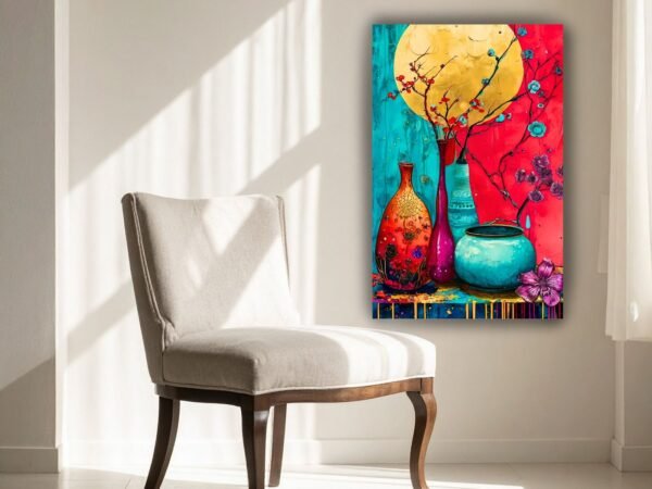 vibrant floral still life canvas wall art shown framed on a wall
