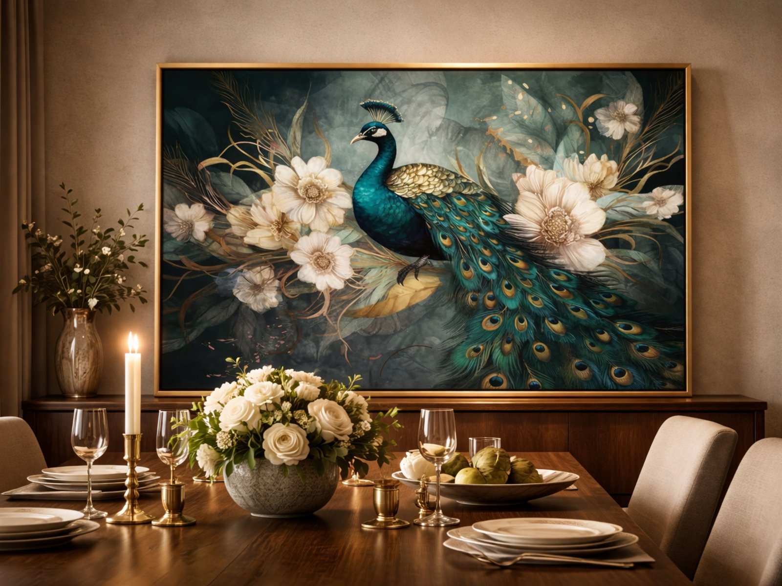 Peacock Floral Art framed canvas wall art