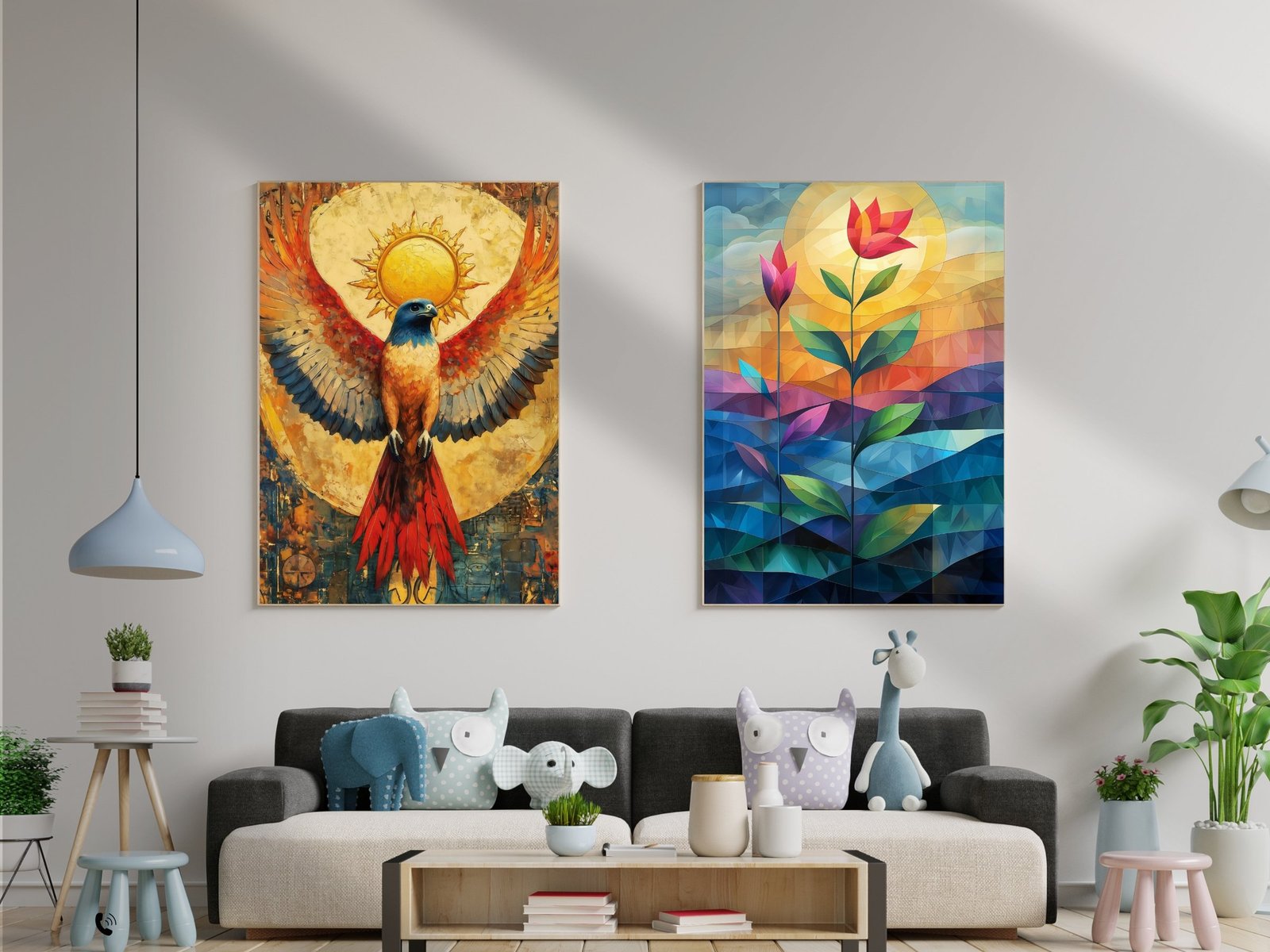 Sun Phoenix Vintage Art framed canvas wall art