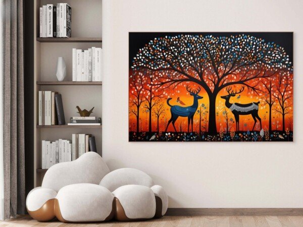 autumn deer folk tree canvas wall art shown framed on a wall