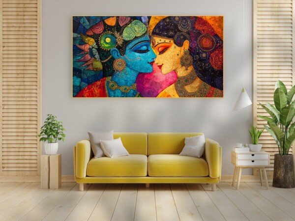 radha krishna mosaic art canvas wall art shown framed on a wall