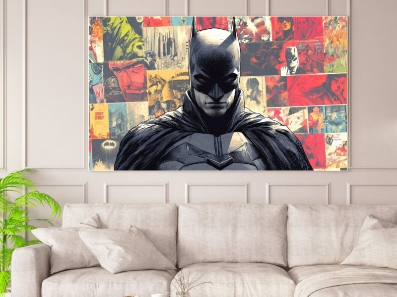 batman comic art canvas wall art shown framed on a wall