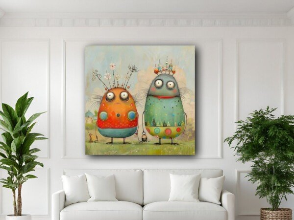 whimsy friends canvas wall art shown framed on a wall