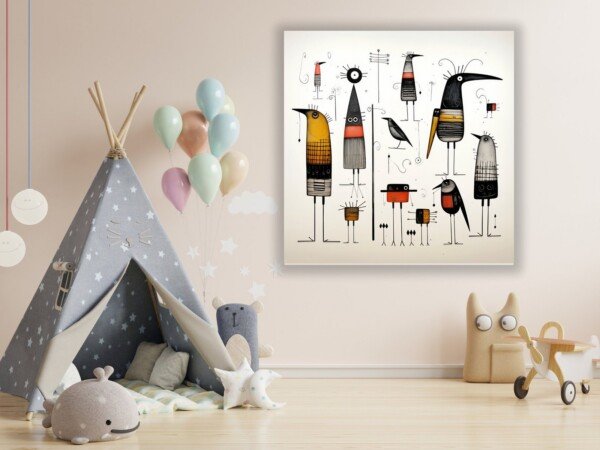 whimsical bird creatures canvas wall art shown framed on a wall